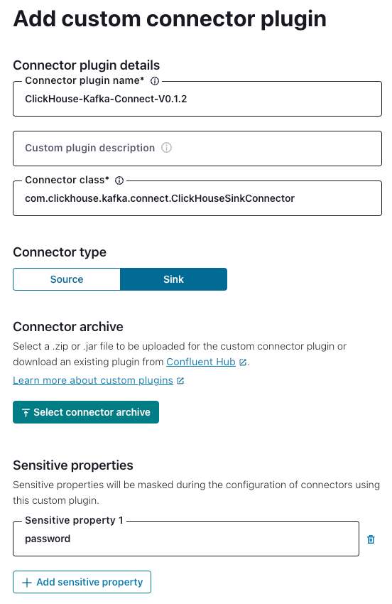 사용자 지정 ClickHouse 커넥터 추가 설정이 표시된 Confluent Platform UI